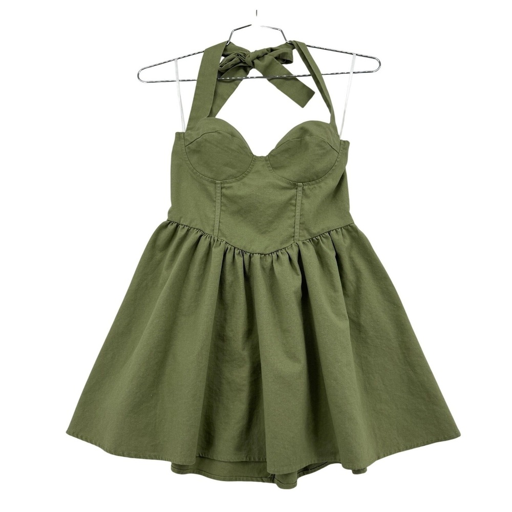 Princess Polly Olive Green Halter Mini Dress Bustier Cotton Linen Blend Size 6 - Picture 1 of 6